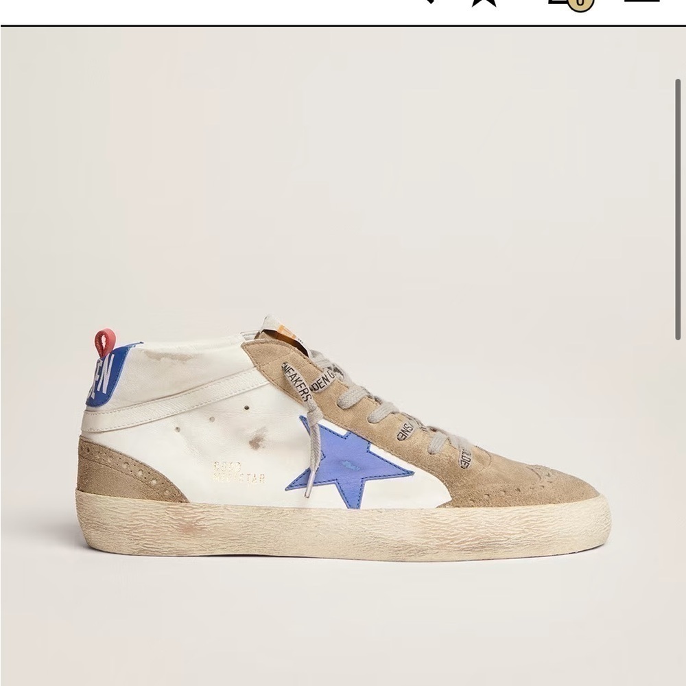 Golden Goose Mid Star in white leather with blue star and dove gray inserts!